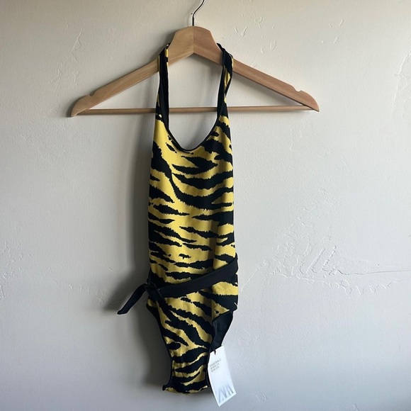 Zara Zebra One Piece Halter Swimsuit Girls Size 11/12 - Picture 1 of 1